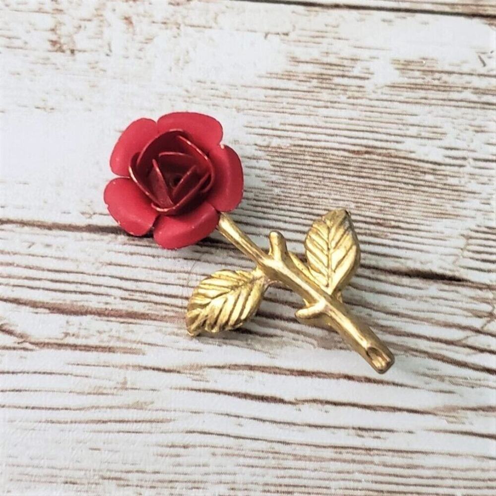 Vintage Brooch / Pin Red Rose with Gold Tone Stem